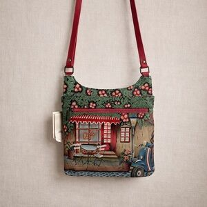 ANUSCHKA Leather Crossbody Bag Hand Painted Cafe Floral Adjustable